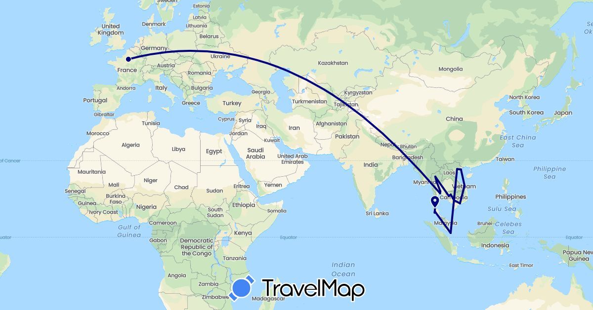 TravelMap itinerary: driving in France, Cambodia, Singapore, Thailand, Vietnam (Asia, Europe)
